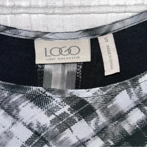 Logo Lori Goldstein Top Womens Small Black White Gray Diagonal Plaid Sheer Front - Picture 3 of 9